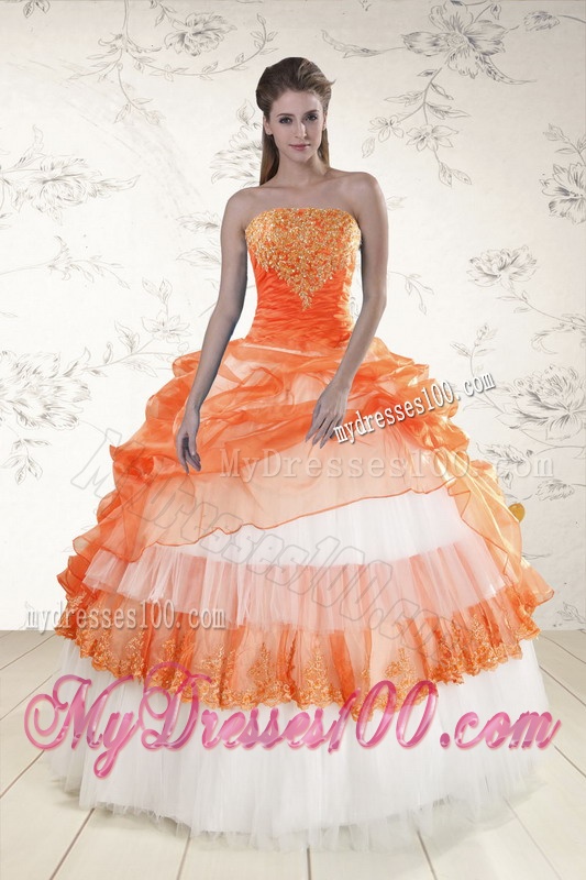 2016 Perfect Strapless Appliques and Beaded Quinceanera Dresses in Orange