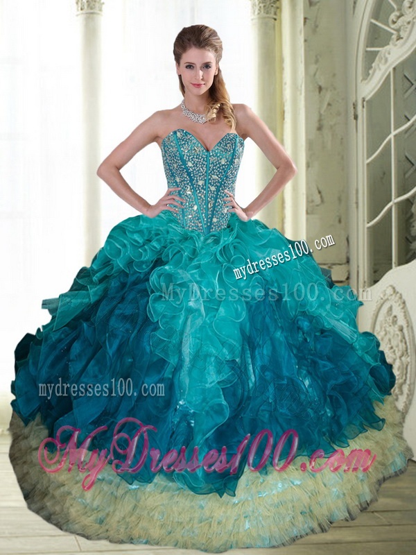 2016 Popular Beading and Ruffles Sweetheart Quinceanera Dresses in Multi Color