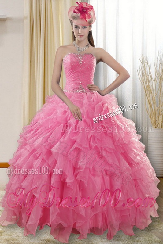 2016 Pretty Rose Pink Quinceanera Dresses with Ruffles and Beading