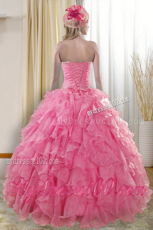 2016 Pretty Rose Pink Quinceanera Dresses with Ruffles and Beading