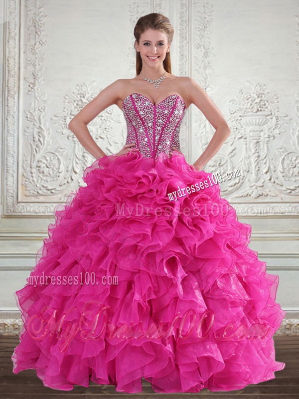 2016 Sweetheart Hot Pink Sweet 16 Dresses with Beading and Ruffles