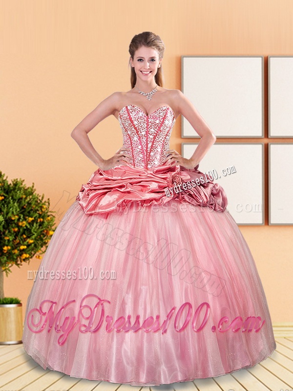 Beautiful 2016 Beading and Pick Ups Sweetheart Quinceanera Dresses in Rose Pink