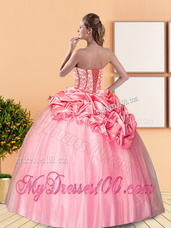 Beautiful 2016 Beading and Pick Ups Sweetheart Quinceanera Dresses in Rose Pink
