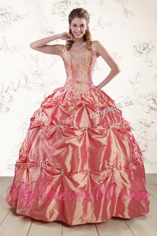 Beautiful Beading and Appliques Watermelon Red Sweet 16 Dresses