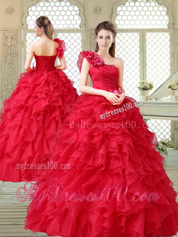 Beautiful One Shoulder Ruffles Quinceanera Gowns in Red