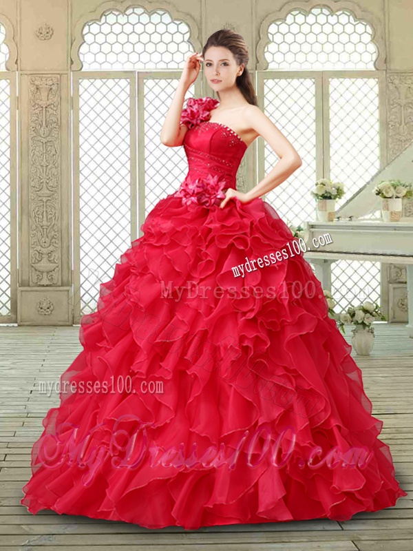 Beautiful One Shoulder Ruffles Quinceanera Gowns in Red