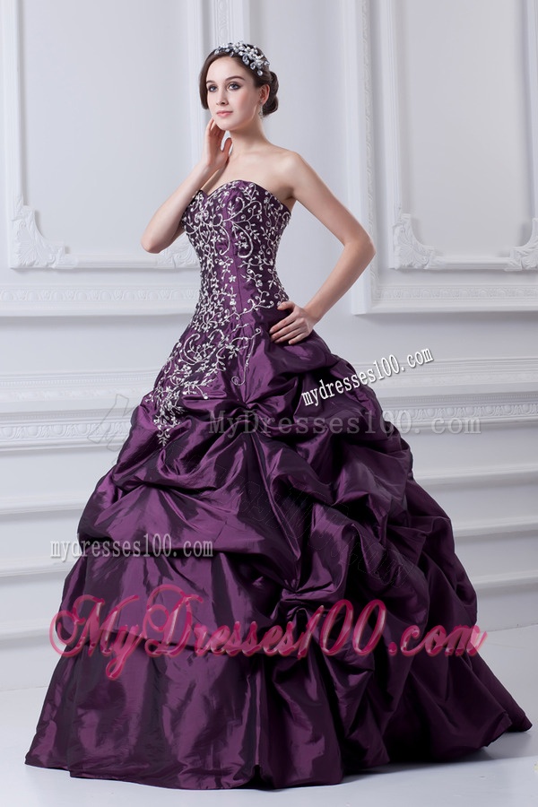 Cheap Eggplant Purple Sweetheart Embroidery and Pick-ups Quinceanera Dress