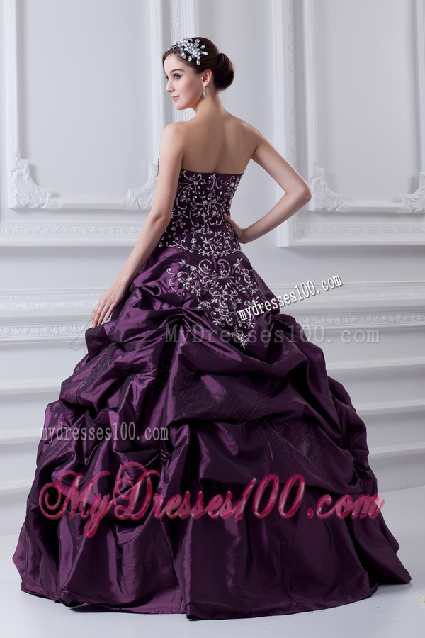 Cheap Eggplant Purple Sweetheart Embroidery and Pick-ups Quinceanera Dress