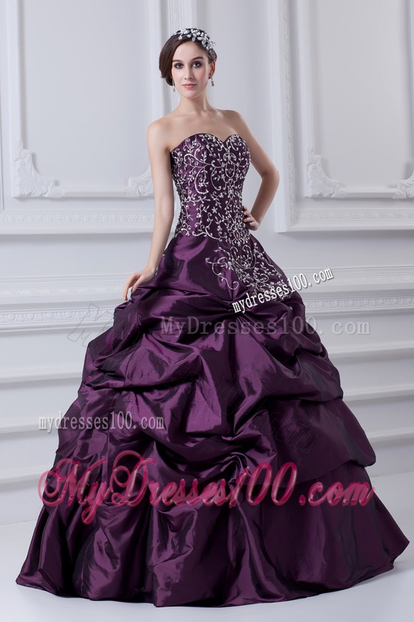 Cheap Eggplant Purple Sweetheart Embroidery and Pick-ups Quinceanera Dress