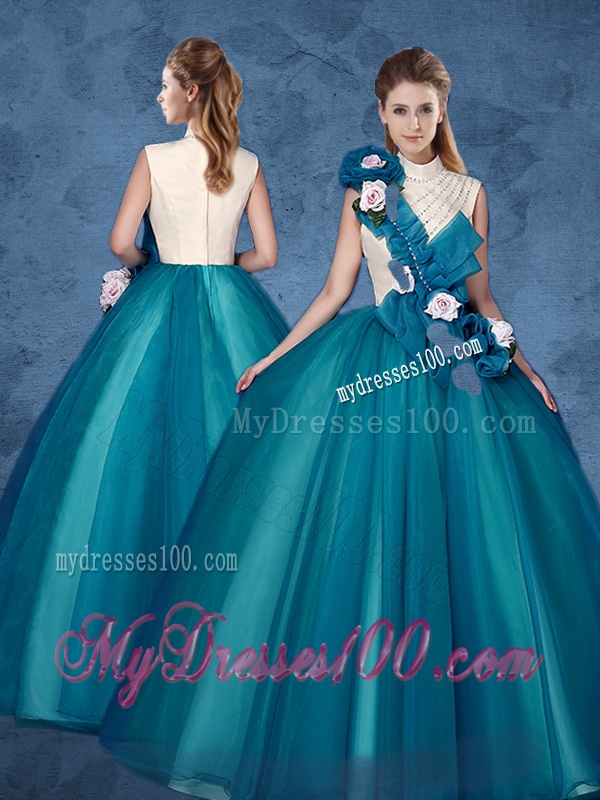 Cheap Hand Made Flowers Sweet 16 Dresses with High Neck