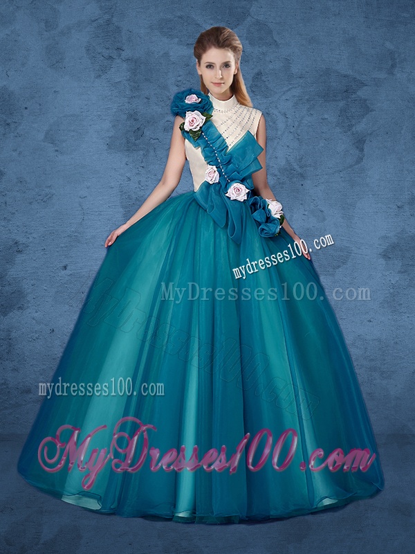 Cheap Hand Made Flowers Sweet 16 Dresses with High Neck