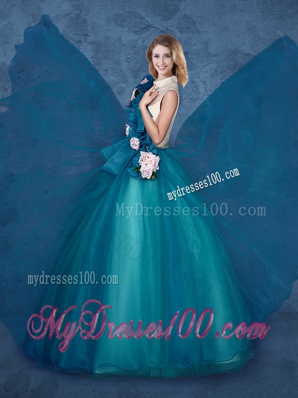 Cheap Hand Made Flowers Sweet 16 Dresses with High Neck