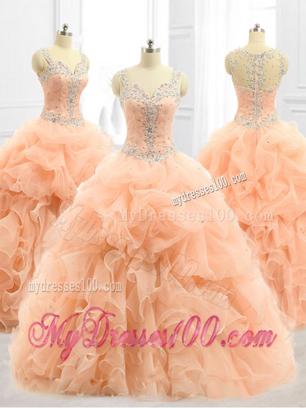 Cheap Straps Beading and Ruffles Quinceanera Dresses in Peach
