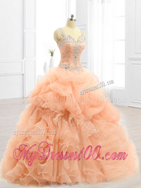 Cheap Straps Beading and Ruffles Quinceanera Dresses in Peach