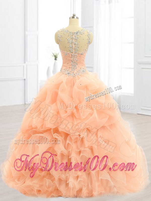 Cheap Straps Beading and Ruffles Quinceanera Dresses in Peach