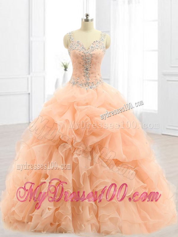 Cheap Straps Beading and Ruffles Quinceanera Dresses in Peach