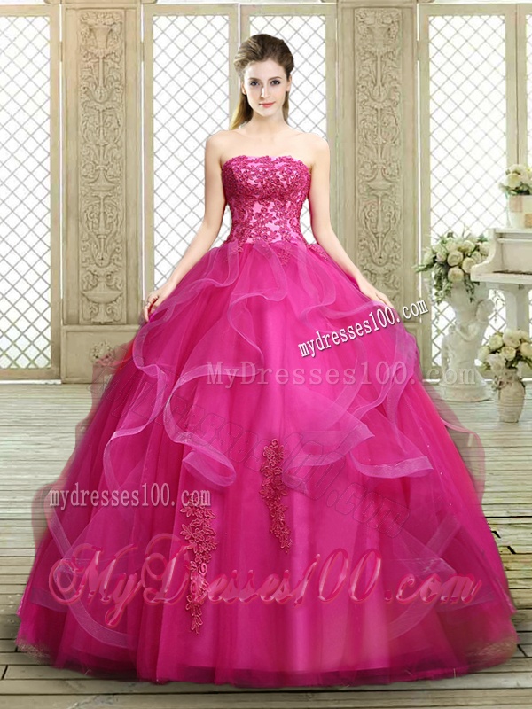 Classical Strapless Fuchsia Sweet 16 Dresses with Appliques