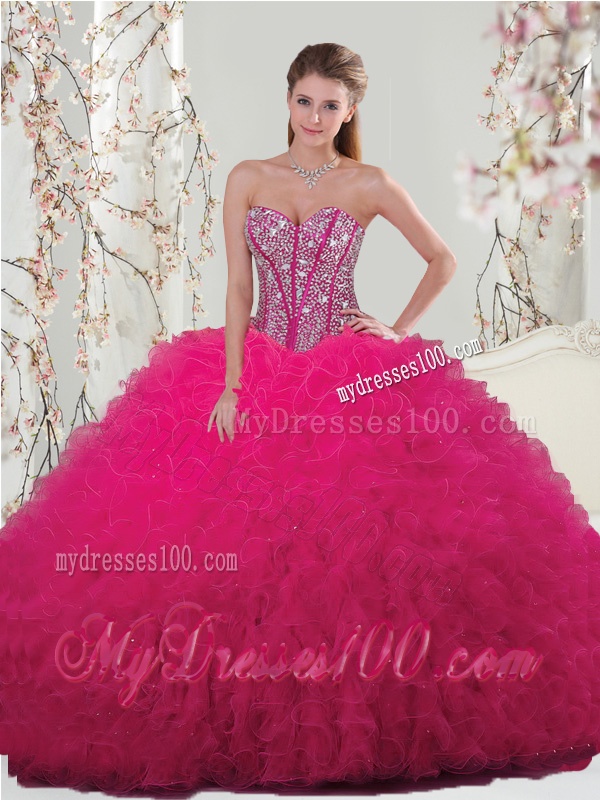 Detachable Sweetheart Beaded and Ruffles Wonderful Quinceanera Dresses in Hot Pink