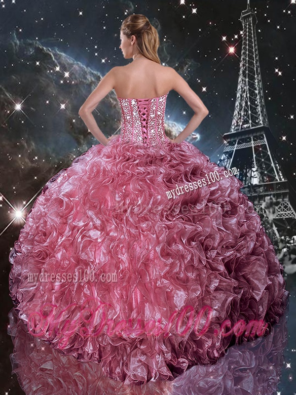 Flirting Ball Gown Coral Red Sweet 16 Dresses with Ruffles and Beading