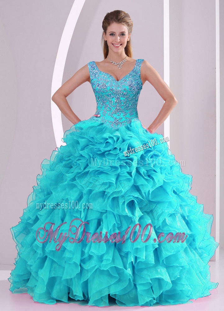 Most Popular Beading and Ruffles Quinceanera Dresses in Aqua Blue