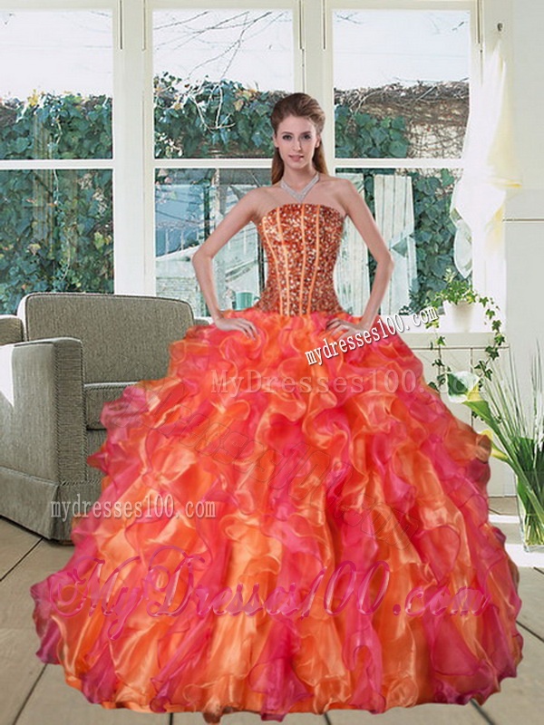 Multi Color Strapless Quince Dress with Beading and Ruffles