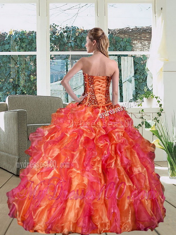 Multi Color Strapless Quince Dress with Beading and Ruffles