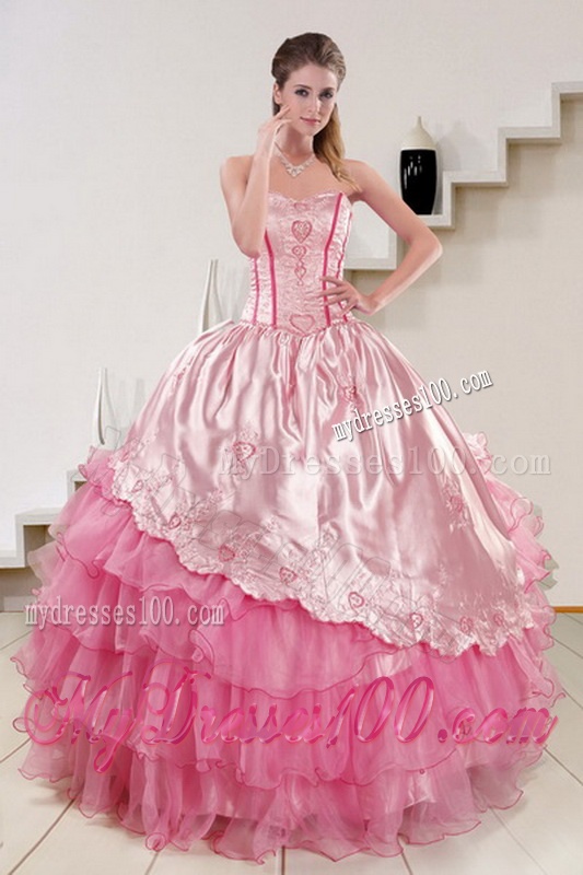 Pink Strapless 2016 Quinceanera Dresses with Embroidery and Ruffles