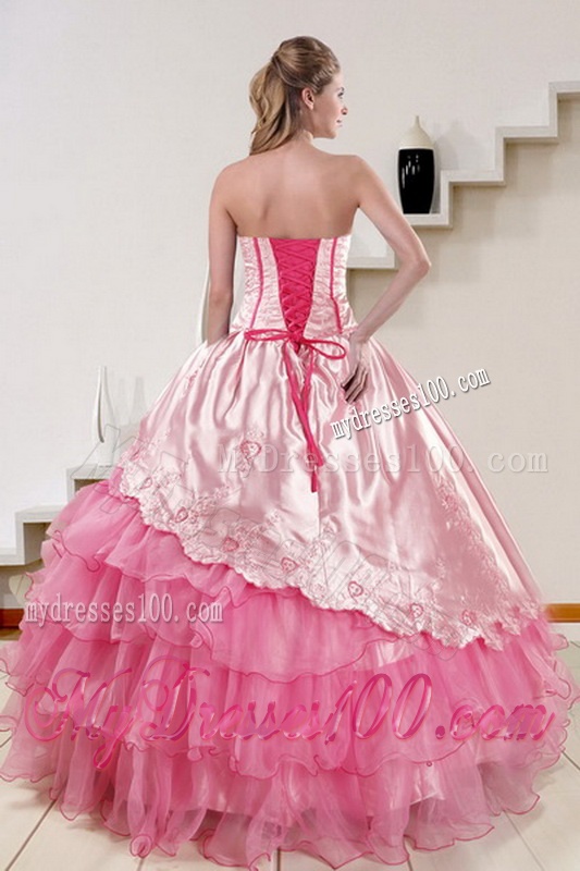 Pink Strapless 2016 Quinceanera Dresses with Embroidery and Ruffles
