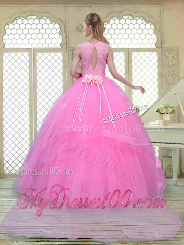 Popular Scoop Hand Made Flowers Sweet 16 Dresses with Brush Train