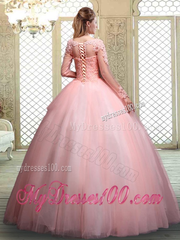 Pretty Bateau Long Sleeves Beading and Appliques Quinceanera Dresses