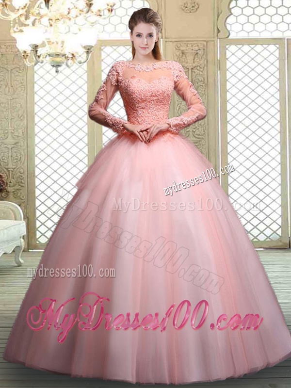 Pretty Bateau Long Sleeves Beading and Appliques Quinceanera Dresses