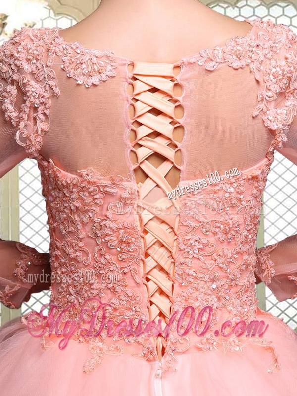 Pretty Bateau Long Sleeves Beading and Appliques Quinceanera Dresses