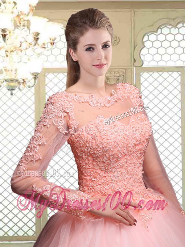 Pretty Bateau Long Sleeves Beading and Appliques Quinceanera Dresses