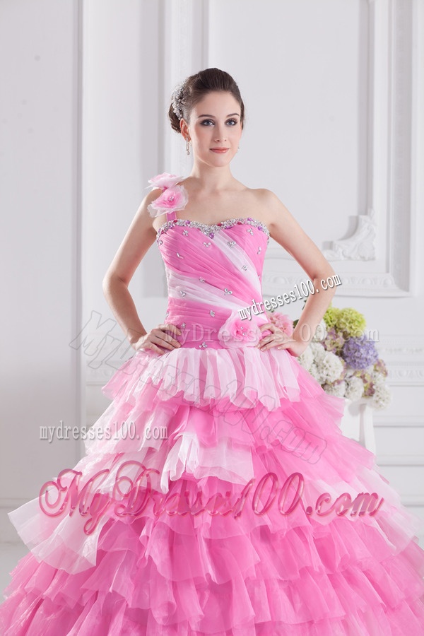 Pretty Rose Pink Princess One Shoulder Beading Quinceanera Dress with Ruffled Layers