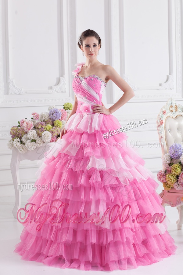 Pretty Rose Pink Princess One Shoulder Beading Quinceanera Dress with Ruffled Layers