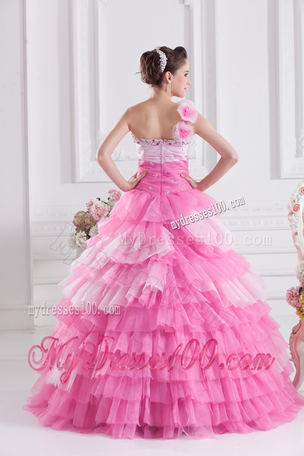 Pretty Rose Pink Princess One Shoulder Beading Quinceanera Dress with Ruffled Layers