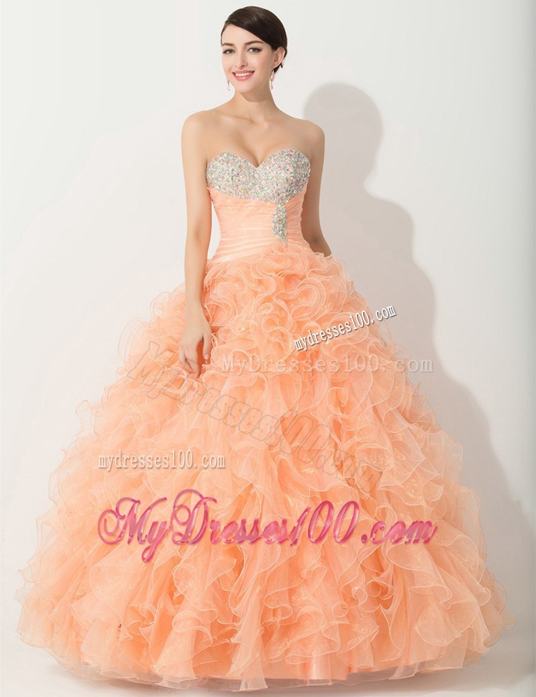 Princess Orange Quinceanera Gown with Beading and Ruffles