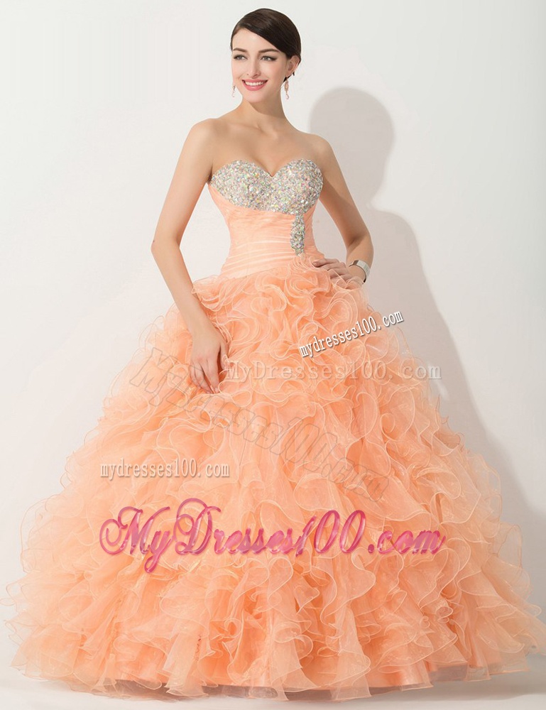 Princess Orange Quinceanera Gown with Beading and Ruffles