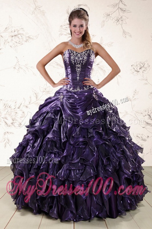 Purple Sweetheart Floor Length Quince Gowns Embroidery and Ruffles