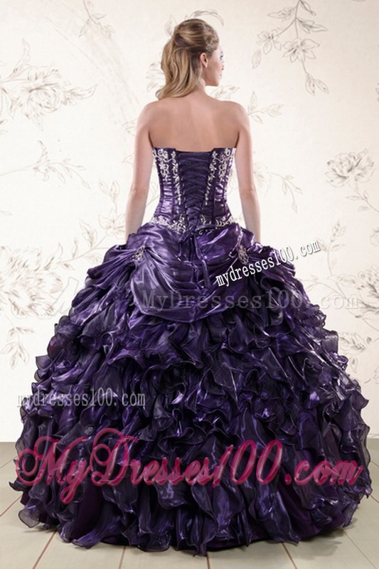 Purple Sweetheart Floor Length Quince Gowns Embroidery and Ruffles