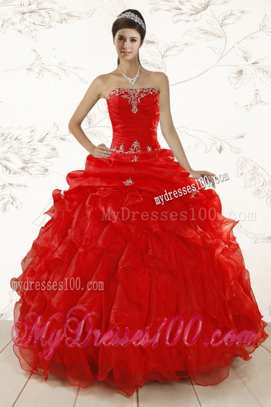 2016 Red Ball Gown Strapless Sweet 15 Dresses with Beading and Ruffles
