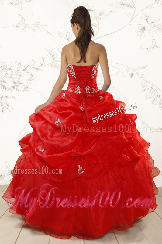 2016 Red Ball Gown Strapless Sweet 15 Dresses with Beading and Ruffles