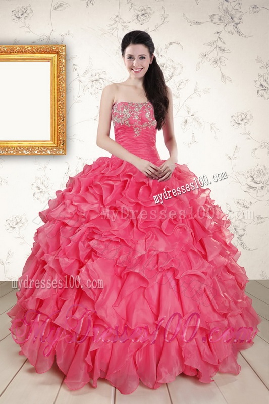 2016 Hot Pink Strapless Quinceanera Dresses with Beading and Ruffles