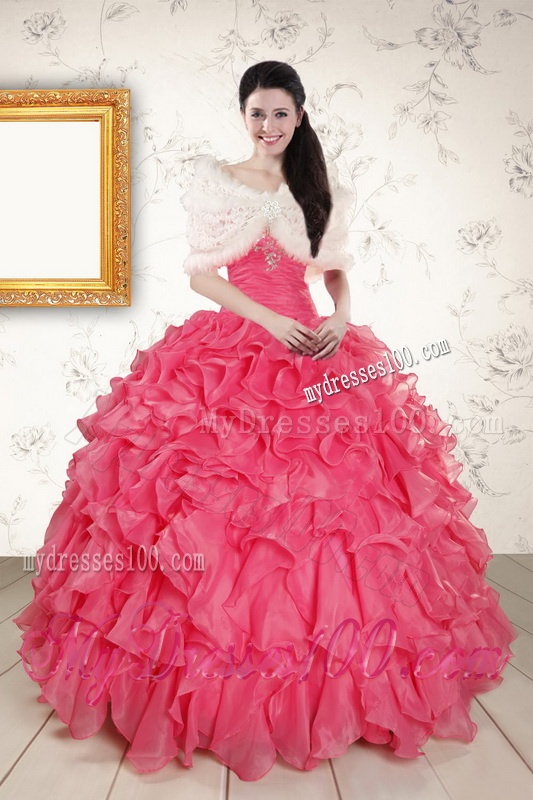 2016 Hot Pink Strapless Quinceanera Dresses with Beading and Ruffles