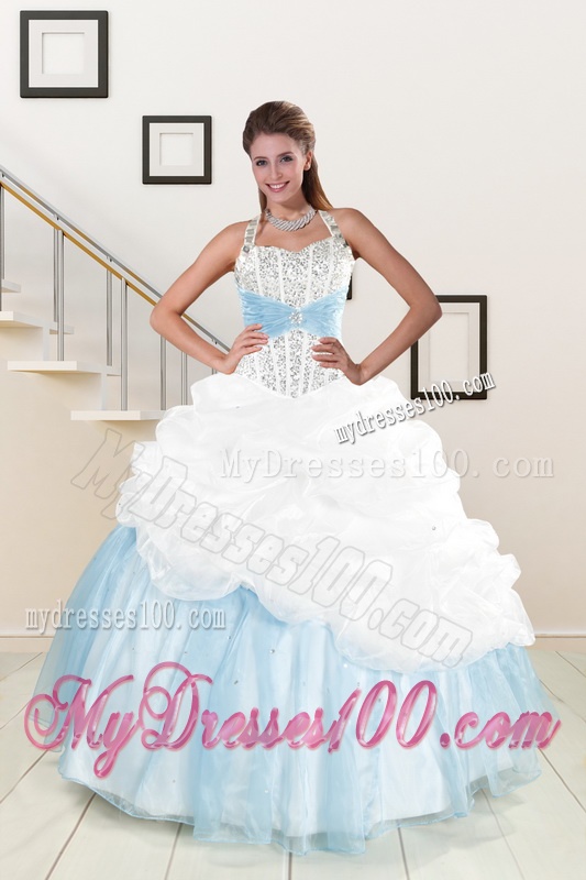 2016 White and Blue Ball Gown Quinceanera Dress with Halter