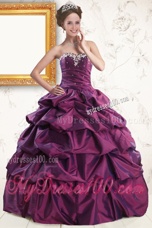 2016 Sweetheart Purple Quinceanera Dresses with Appliques and Pick Up