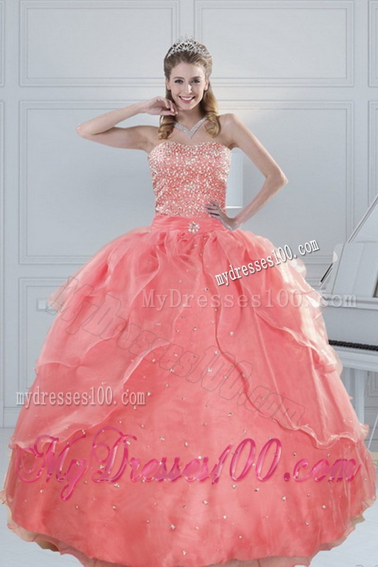 2016 Fabulous Watermelon Quinceanera Dresses with Beading