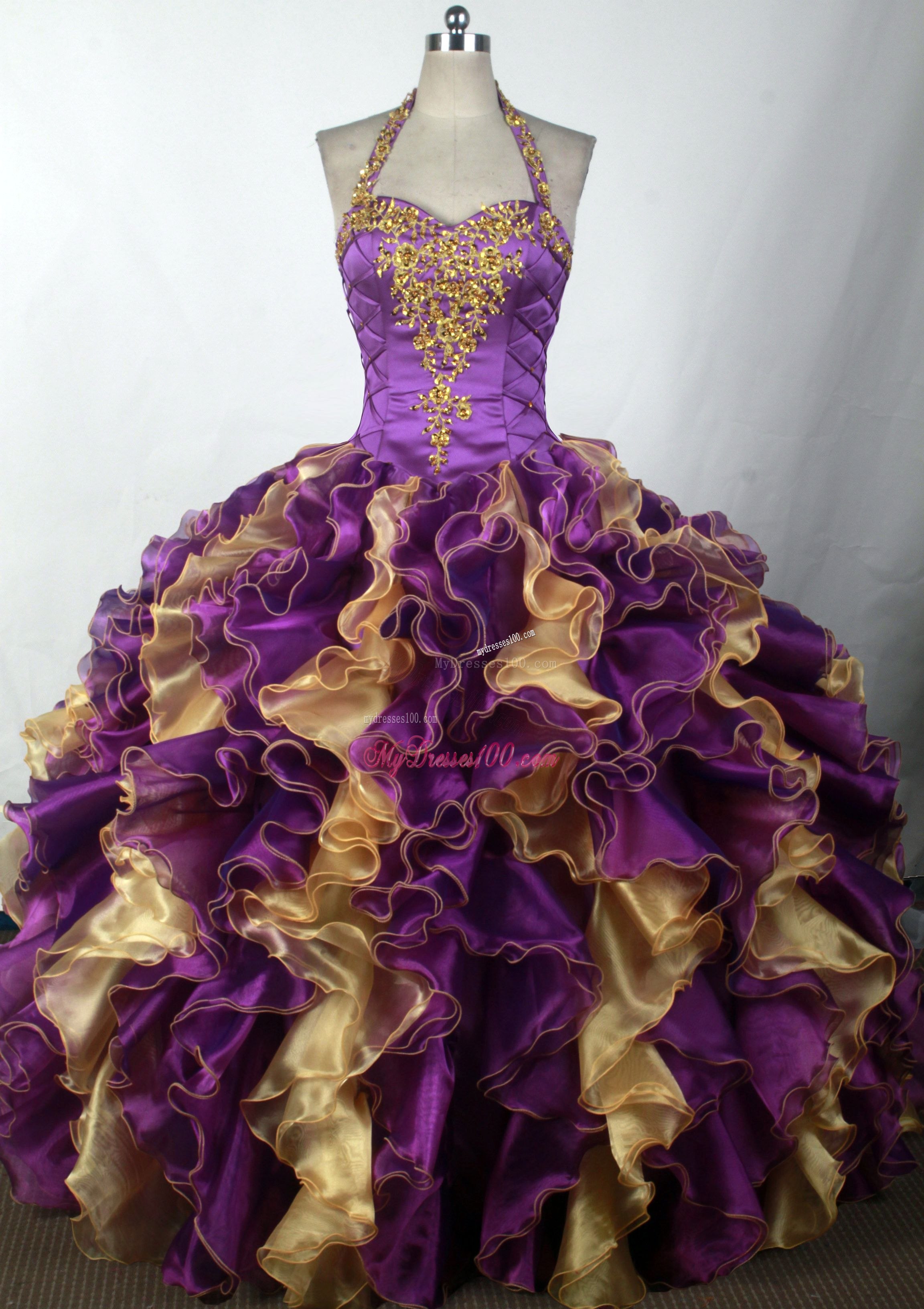 Halter Colored Quinceanera Dress with Ruffles and Appliques