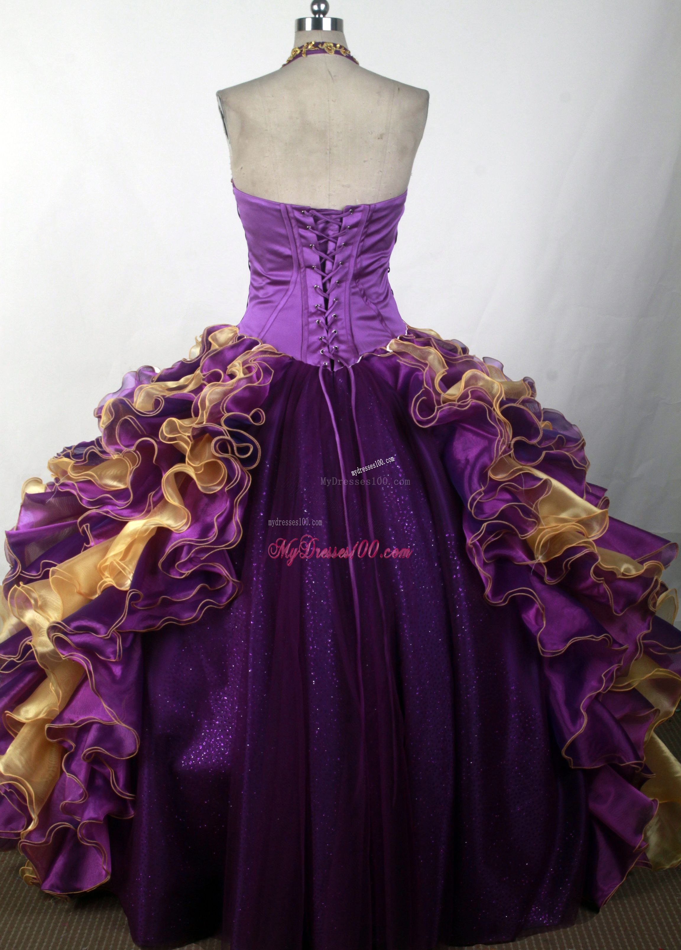 Halter Colored Quinceanera Dress with Ruffles and Appliques
