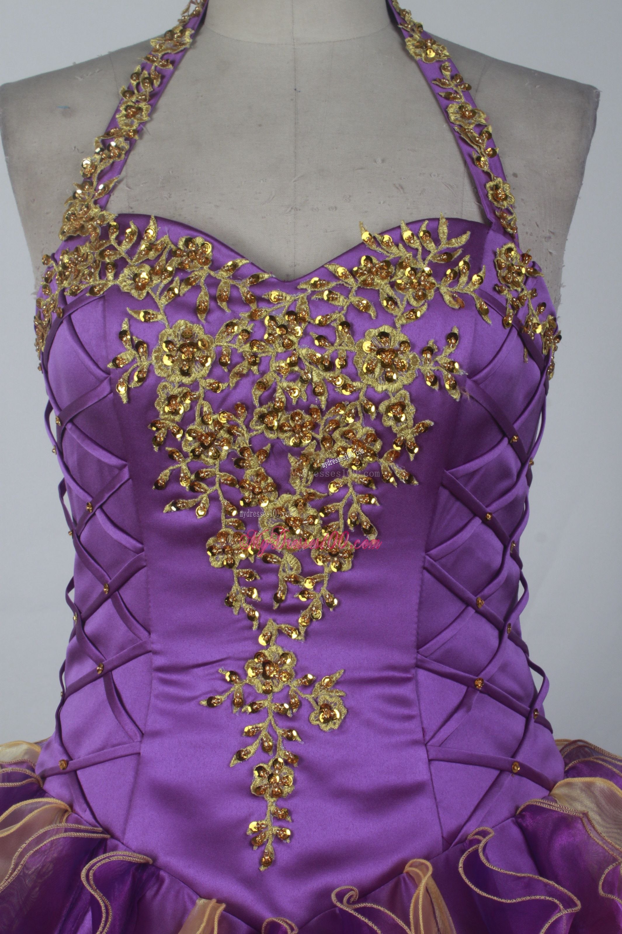 Halter Colored Quinceanera Dress with Ruffles and Appliques